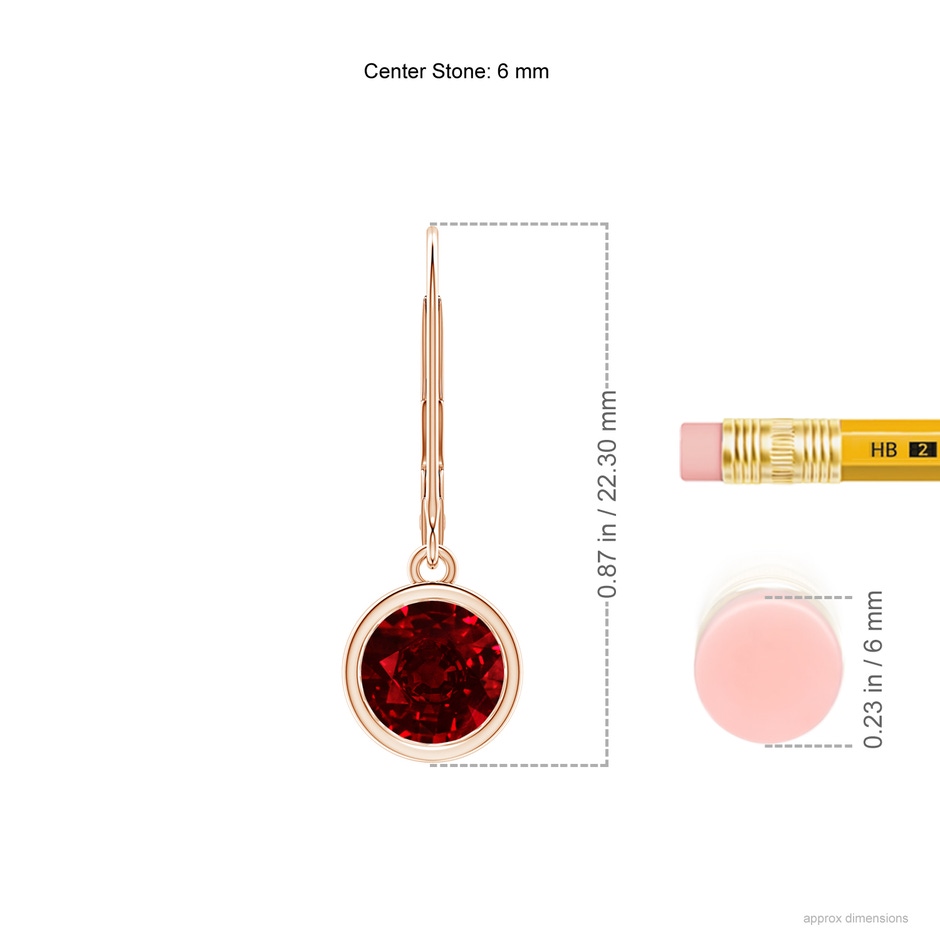 6mm AAAA Bezel-Set Round Ruby Leverback Drop Earrings in Rose Gold ruler