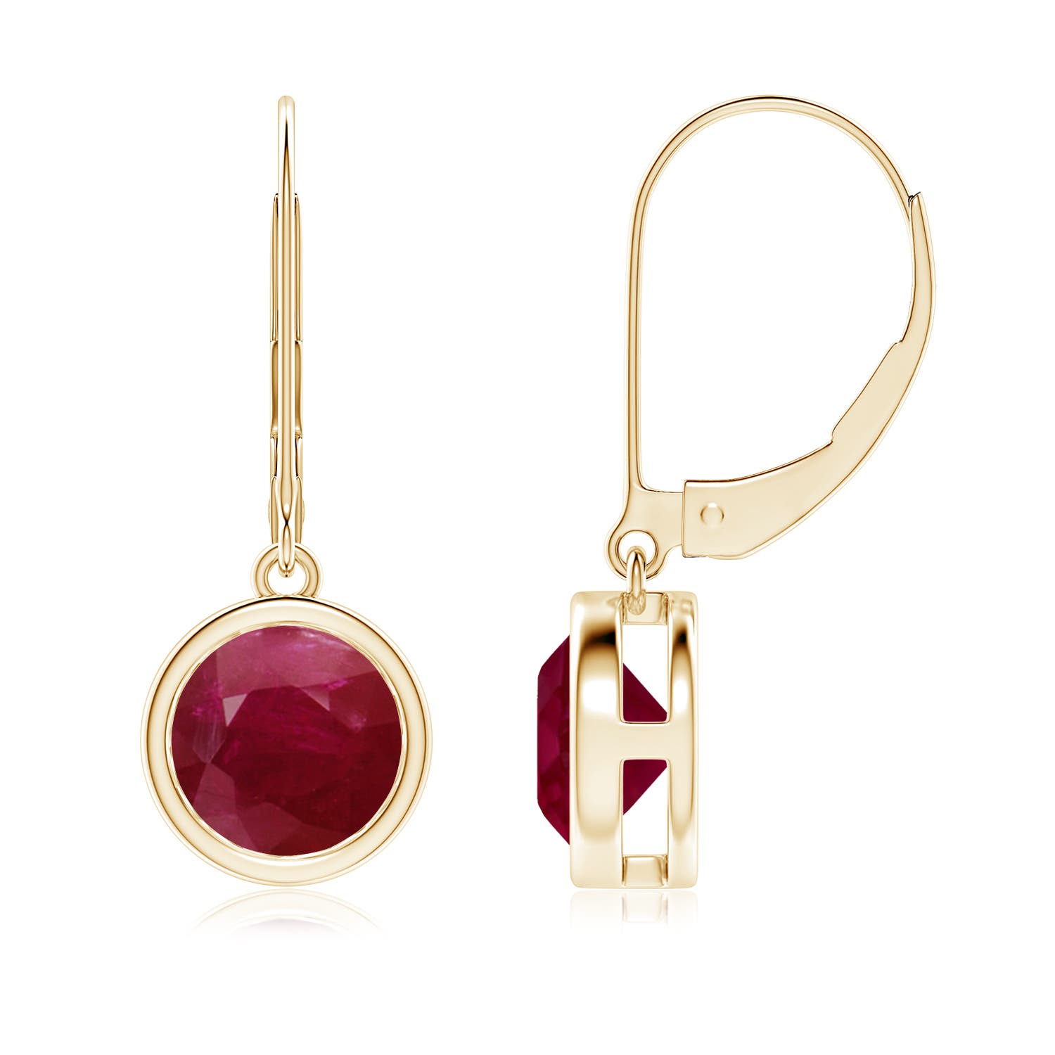 7mm A Bezel-Set Round Ruby Leverback Drop Earrings in Yellow Gold