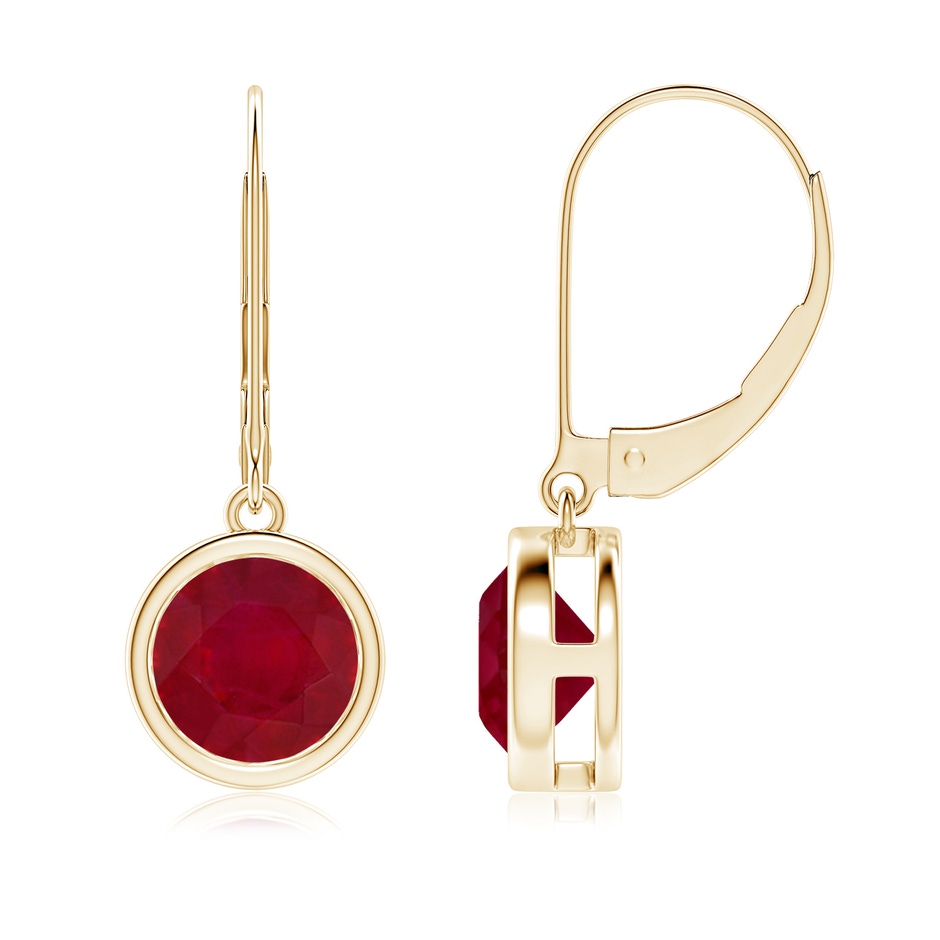 7mm AA Bezel-Set Round Ruby Leverback Drop Earrings in Yellow Gold 