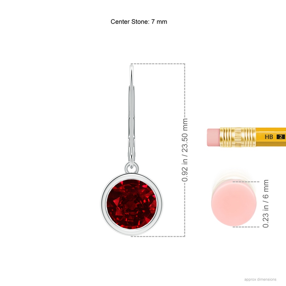 7mm AAAA Bezel-Set Round Ruby Leverback Drop Earrings in P950 Platinum ruler