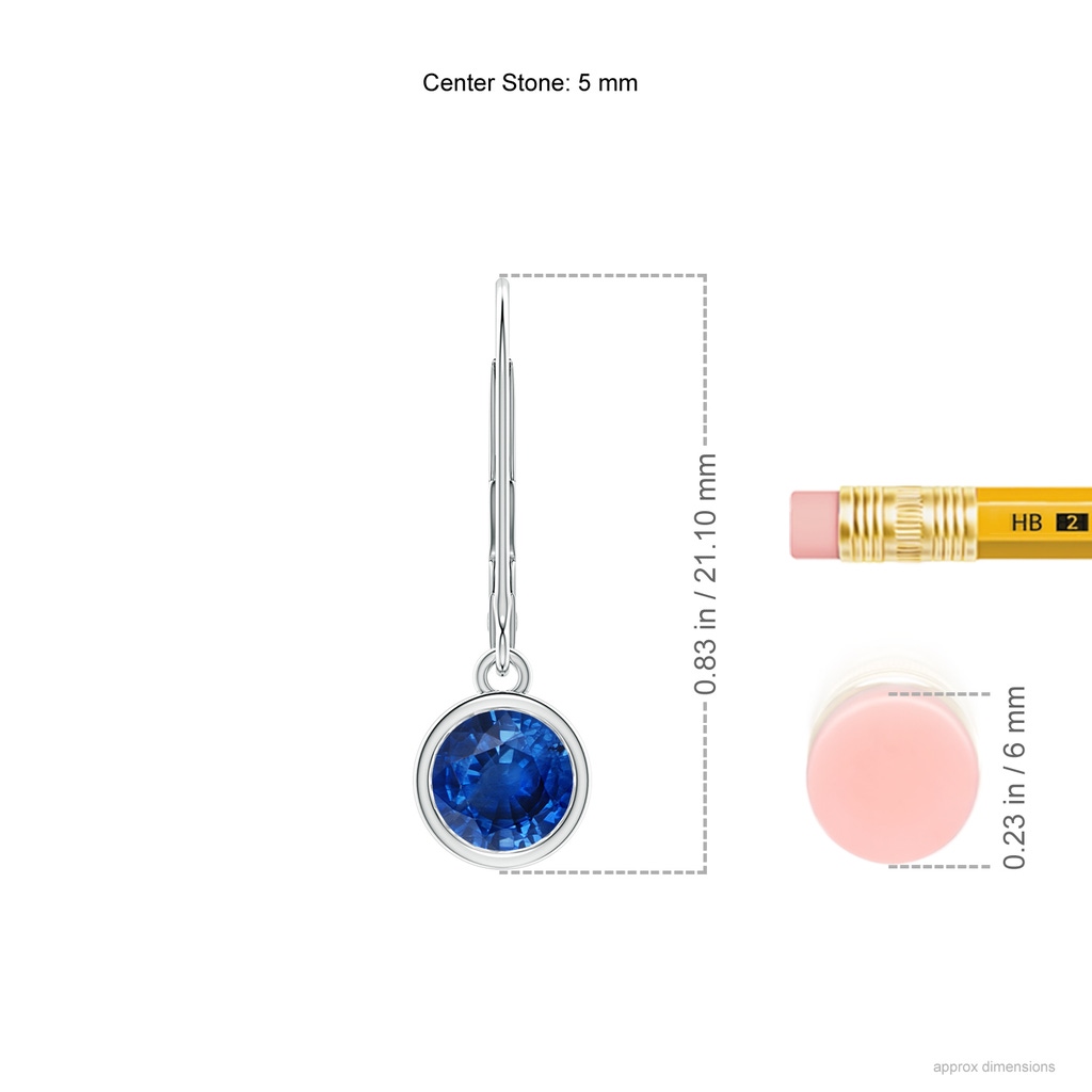 5mm AAA Bezel-Set Round Blue Sapphire Leverback Drop Earrings in White Gold ruler
