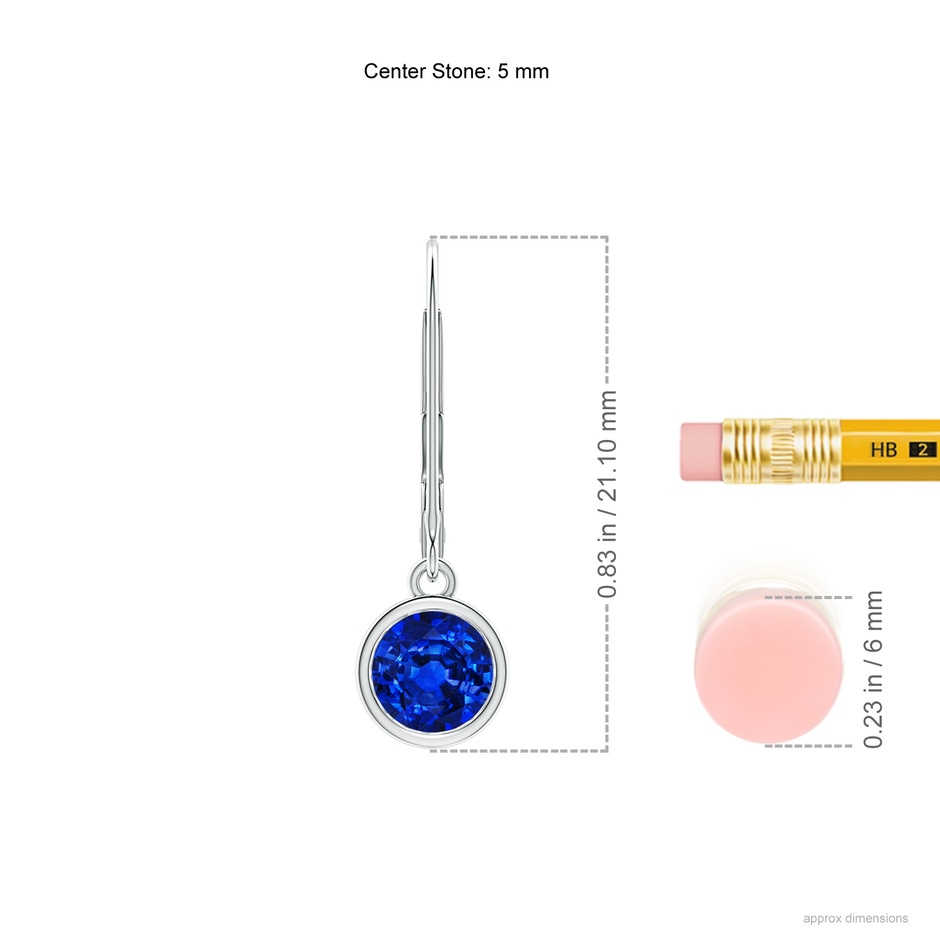 5mm AAAA Bezel-Set Round Blue Sapphire Leverback Drop Earrings in White Gold ruler