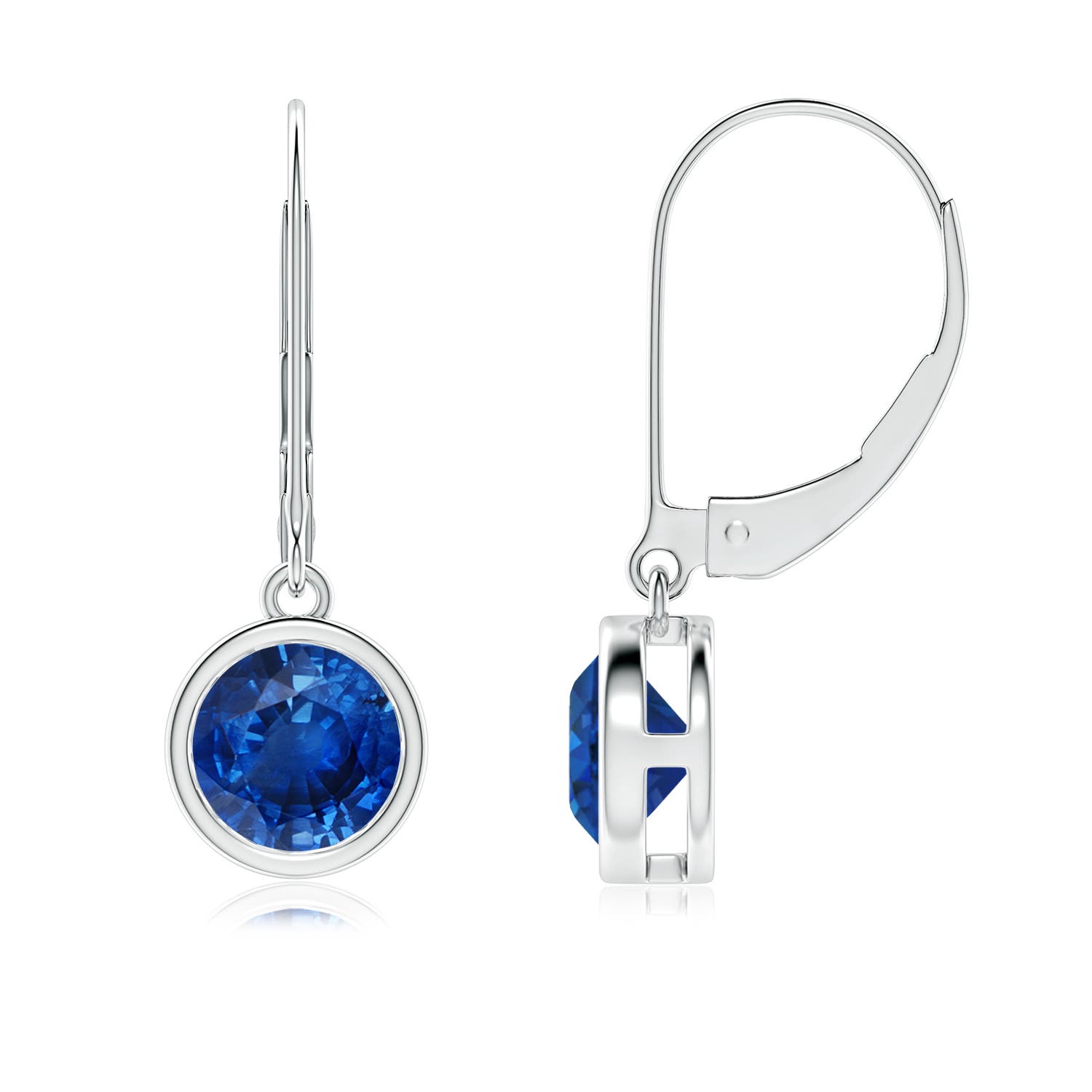 6mm AAA Bezel-Set Round Blue Sapphire Leverback Drop Earrings in White Gold