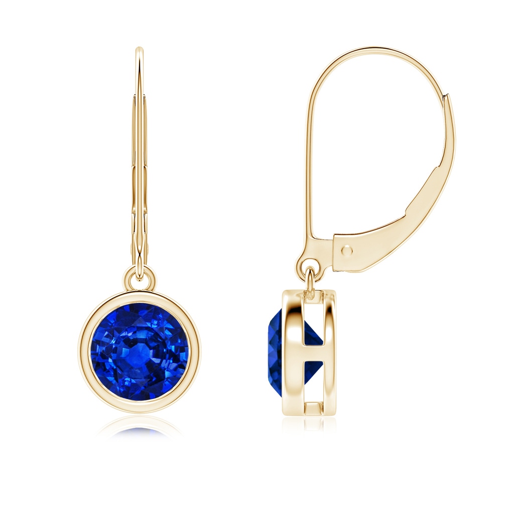 6mm Lab-Grown Bezel-Set Round Blue Sapphire Leverback Drop Earrings in Yellow Gold