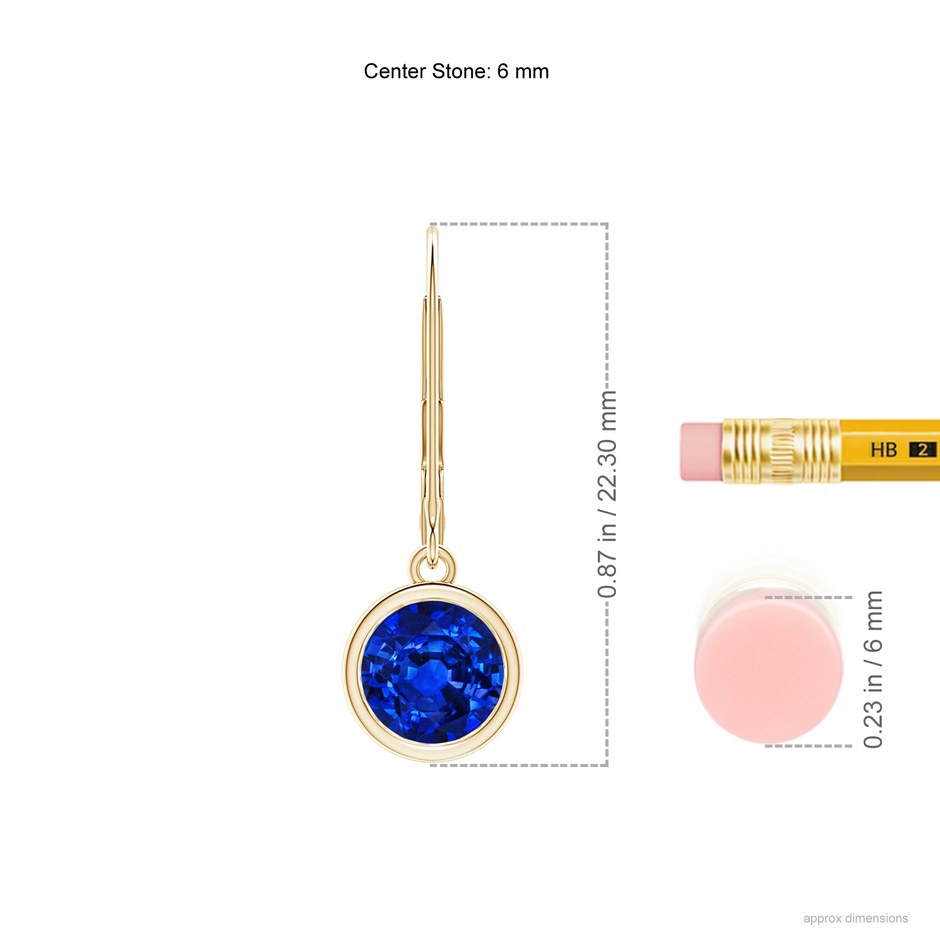 6mm Lab-Grown Bezel-Set Round Blue Sapphire Leverback Drop Earrings in Yellow Gold ruler