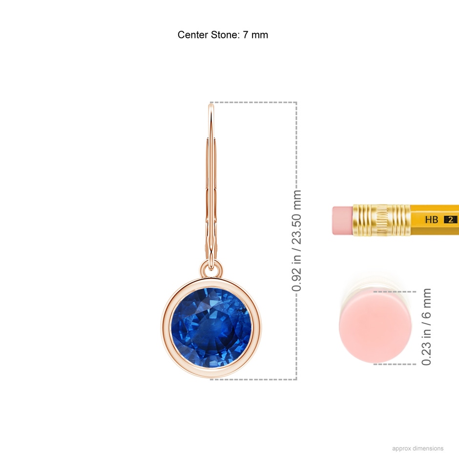 7mm AAA Bezel-Set Round Blue Sapphire Leverback Drop Earrings in Rose Gold ruler