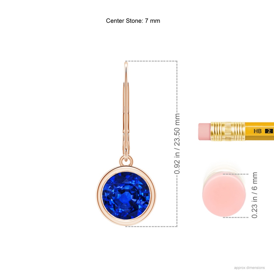 7mm AAAA Bezel-Set Round Blue Sapphire Leverback Drop Earrings in Rose Gold ruler