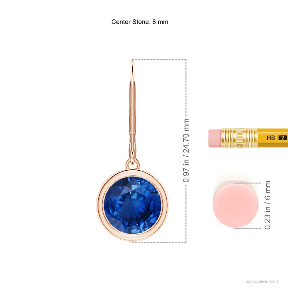 8mm AAA Bezel-Set Round Blue Sapphire Leverback Drop Earrings in 18K Rose Gold ruler