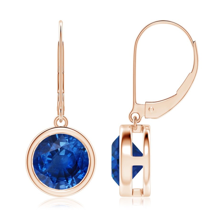 8mm AAA Bezel-Set Round Blue Sapphire Leverback Drop Earrings in Rose Gold 