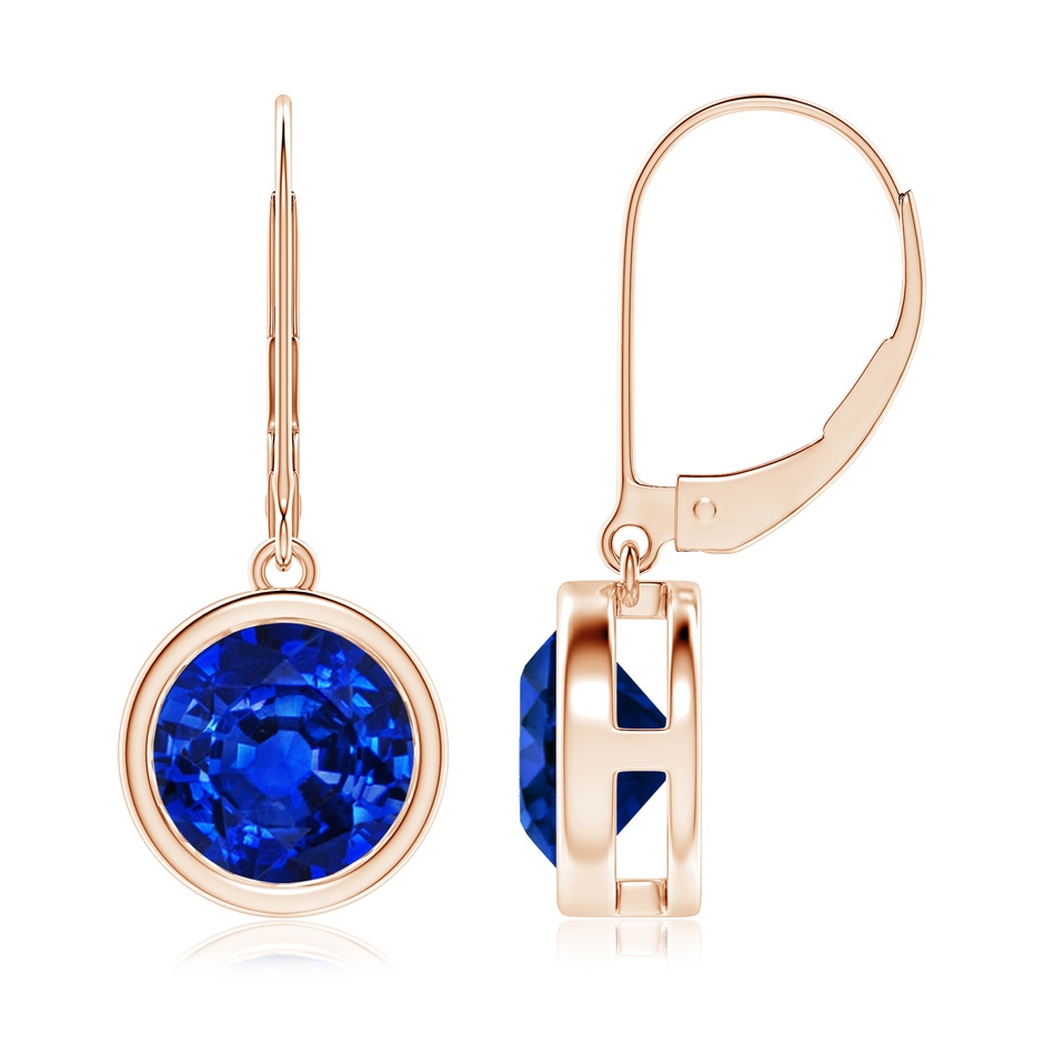 8mm AAAA Bezel-Set Round Blue Sapphire Leverback Drop Earrings in Rose Gold 