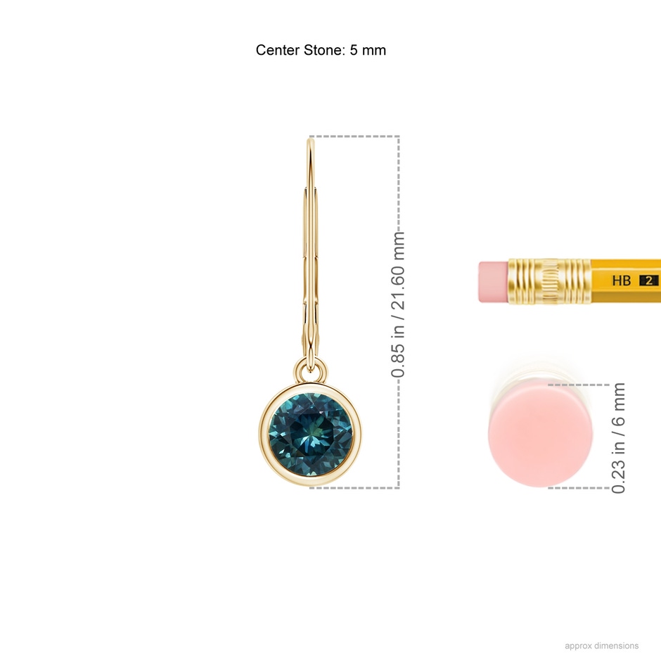 5mm AAA Bezel-Set Round Teal Montana Sapphire Leverback Drop Earrings in Yellow Gold ruler