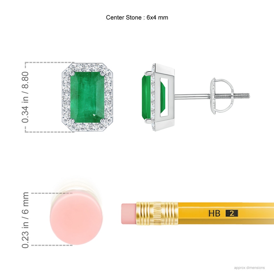 6x4mm A Emerald-Cut Emerald Stud Earrings with Diamond Halo in 10K White Gold ruler
