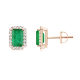 6x4mm A Emerald-Cut Emerald Stud Earrings with Diamond Halo in 9K Rose Gold