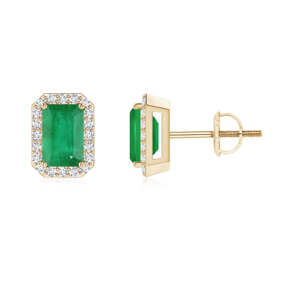 6x4mm A Emerald-Cut Emerald Stud Earrings with Diamond Halo in Yellow Gold 