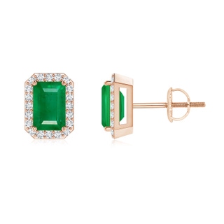 6x4mm AA Emerald-Cut Emerald Stud Earrings with Diamond Halo in 9K Rose Gold