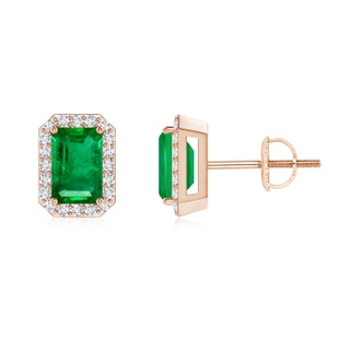 6x4mm AAA Emerald-Cut Emerald Stud Earrings with Diamond Halo in 9K Rose Gold