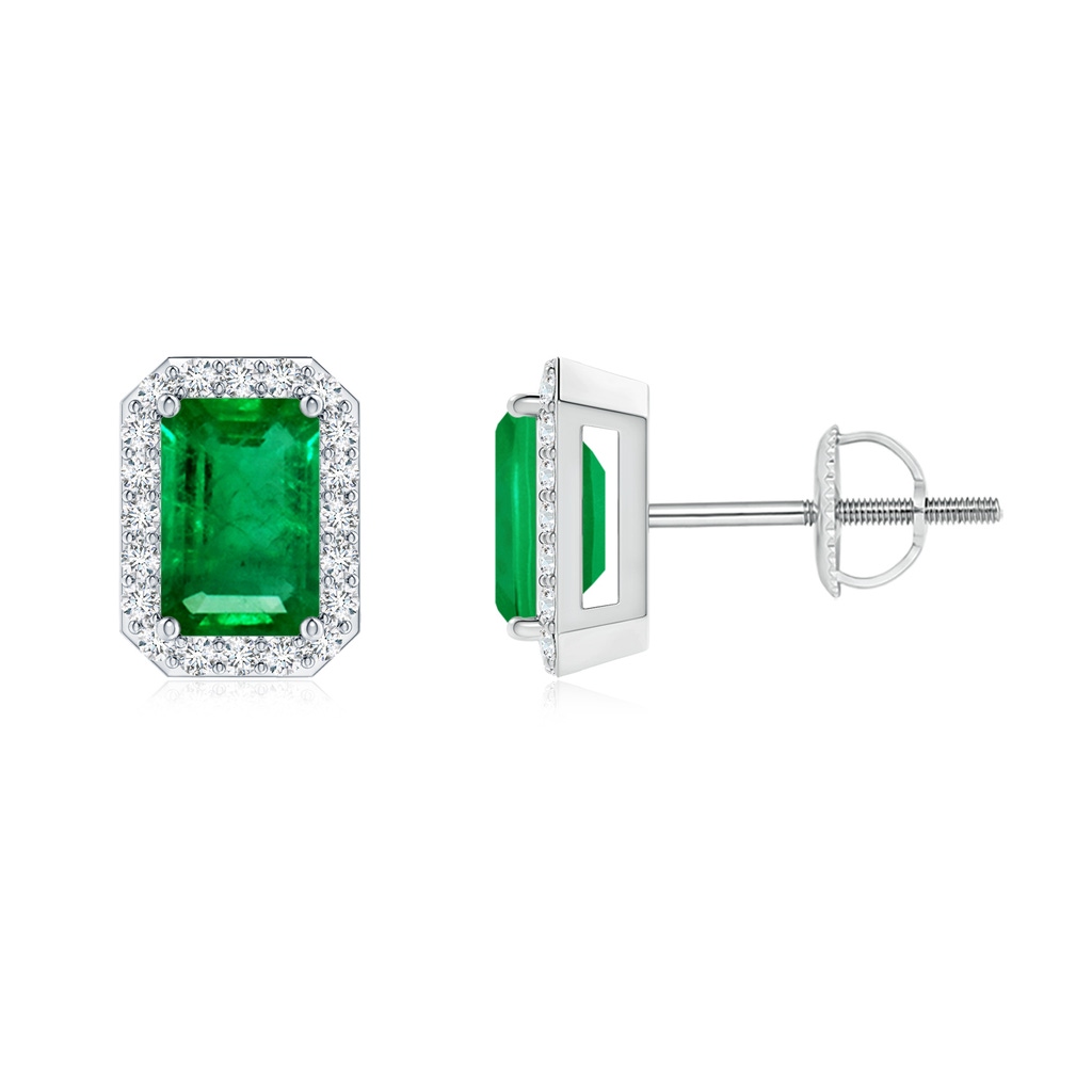 6x4mm AAA Emerald-Cut Emerald Stud Earrings with Diamond Halo in White Gold