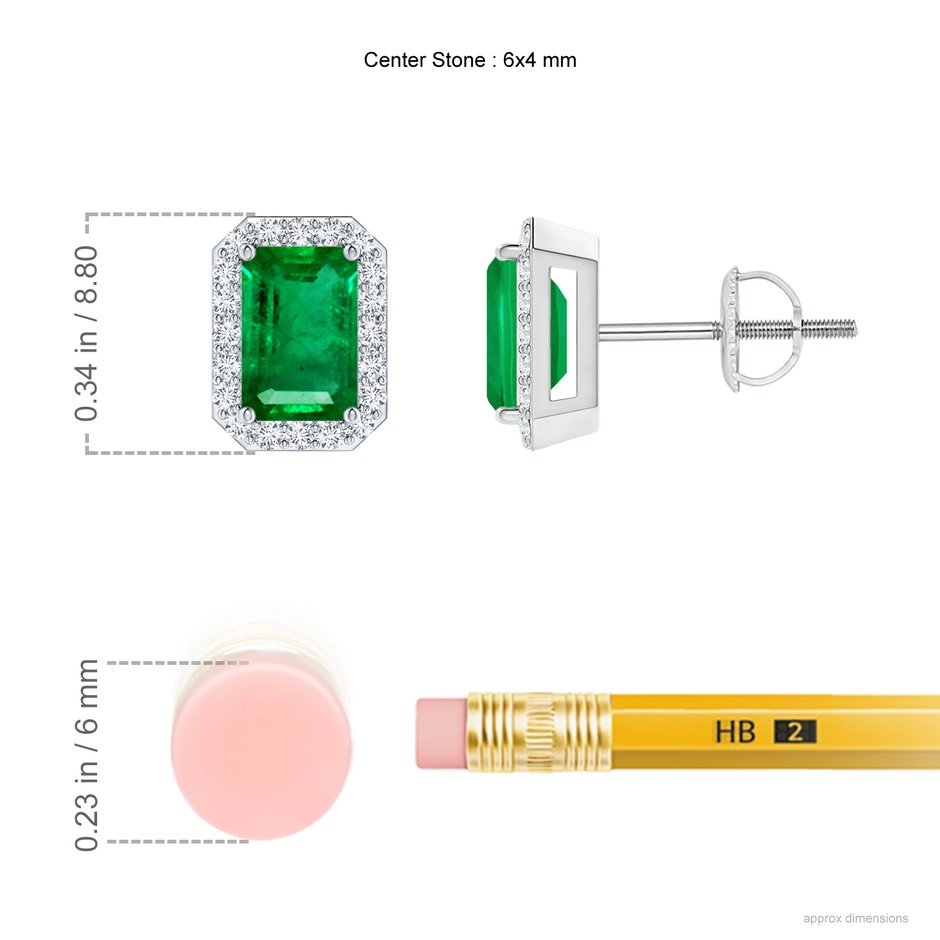 6x4mm AAA Emerald-Cut Emerald Stud Earrings with Diamond Halo in White Gold ruler