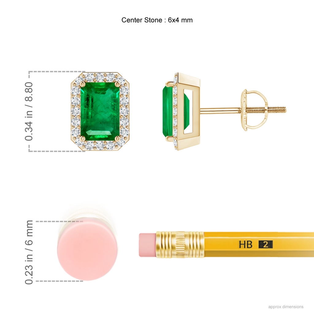 6x4mm AAA Emerald-Cut Emerald Stud Earrings with Diamond Halo in Yellow Gold ruler