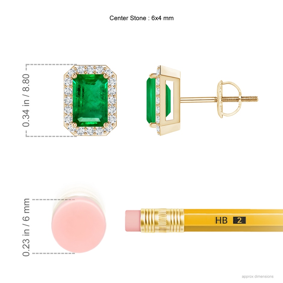 6x4mm AAA Emerald-Cut Emerald Stud Earrings with Diamond Halo in Yellow Gold ruler