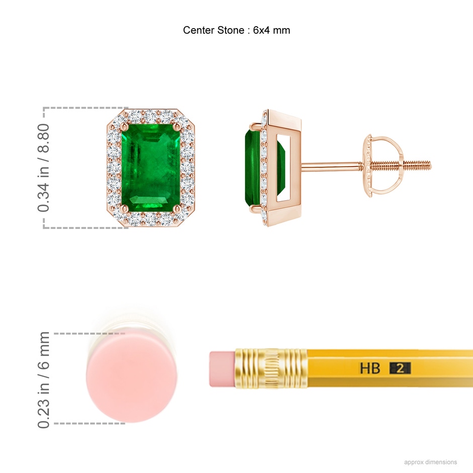 6x4mm AAAA Emerald-Cut Emerald Stud Earrings with Diamond Halo in Rose Gold ruler
