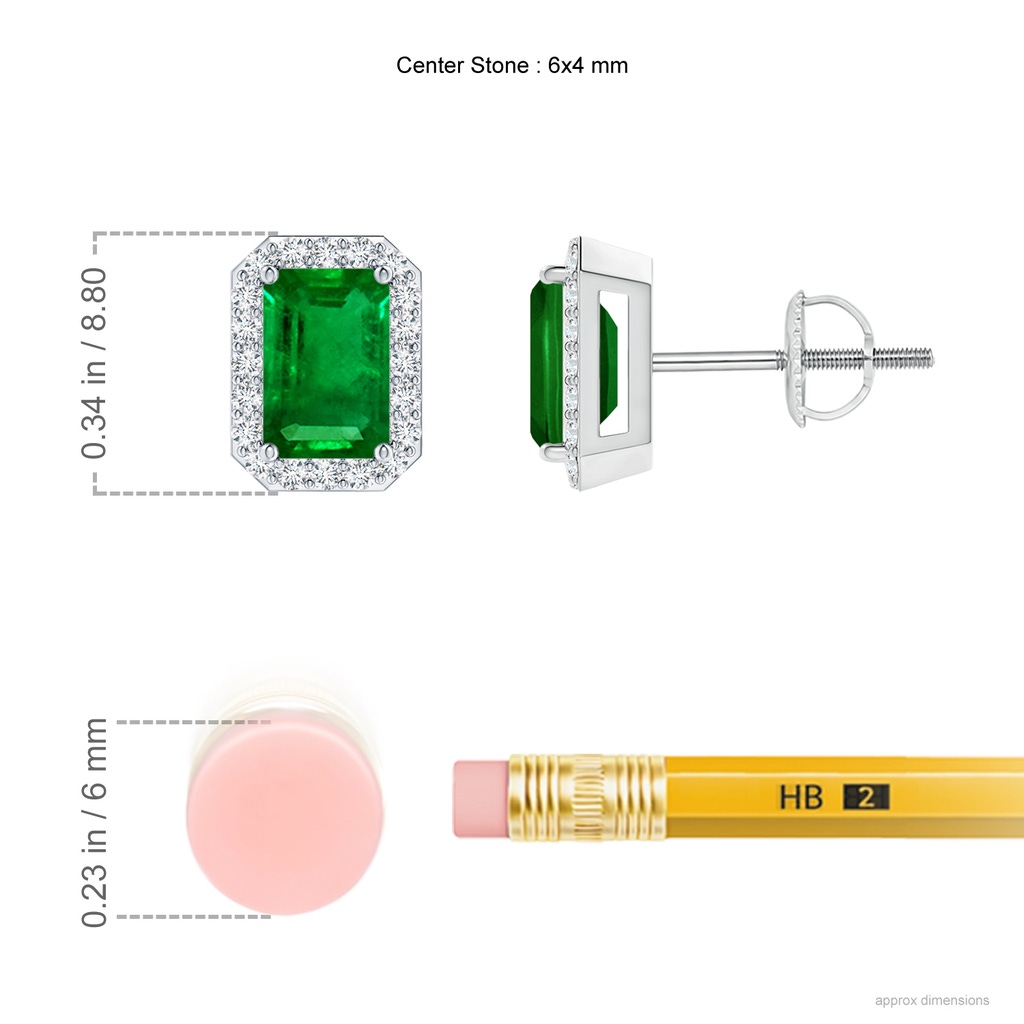 6x4mm AAAA Emerald-Cut Emerald Stud Earrings with Diamond Halo in White Gold ruler