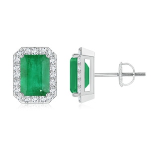 7x5mm A Emerald-Cut Emerald Stud Earrings with Diamond Halo in P950 Platinum