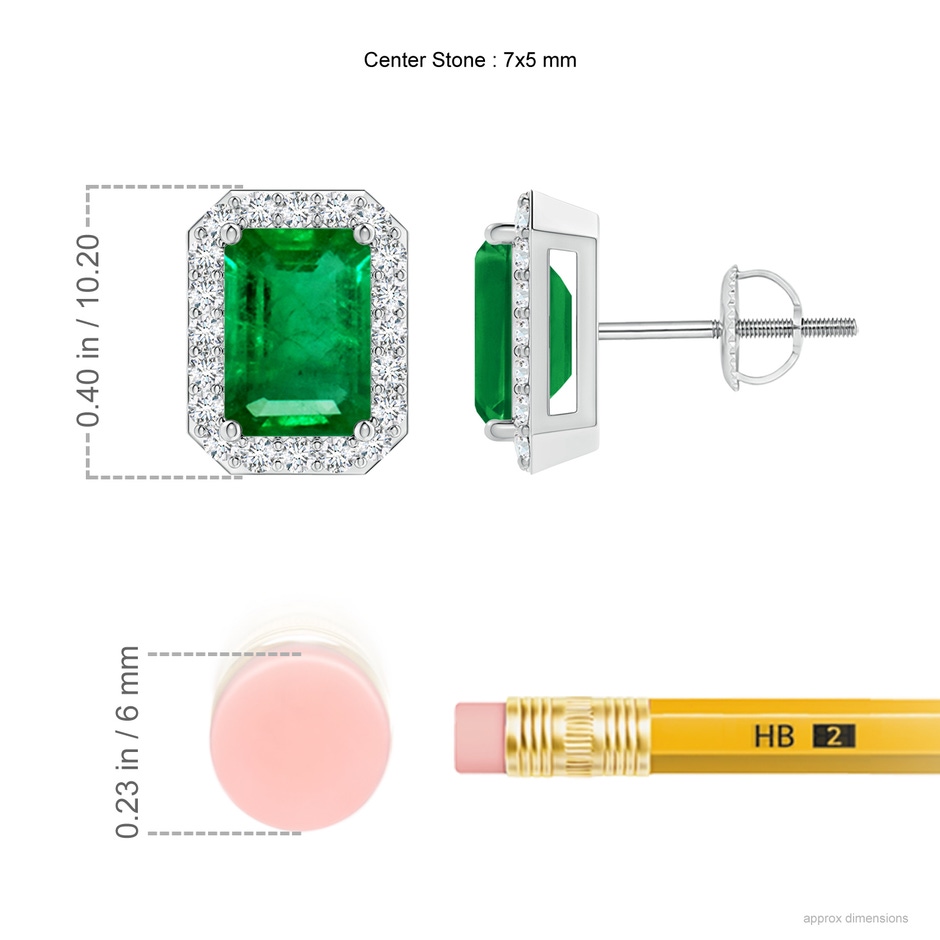 7x5mm AAA Emerald-Cut Emerald Stud Earrings with Diamond Halo in P950 Platinum ruler