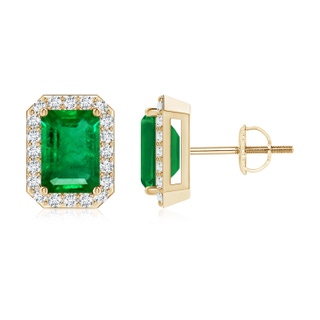 7x5mm AAA Emerald-Cut Emerald Stud Earrings with Diamond Halo in Yellow Gold