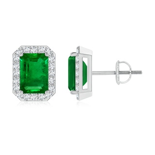 7x5mm AAAA Emerald-Cut Emerald Stud Earrings with Diamond Halo in P950 Platinum