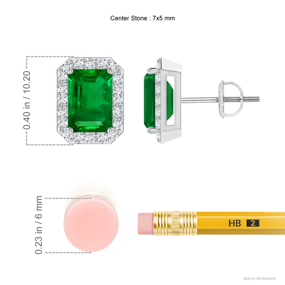 7x5mm AAAA Emerald-Cut Emerald Stud Earrings with Diamond Halo in P950 Platinum ruler