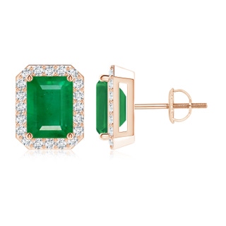 8x6mm AA Emerald-Cut Emerald Stud Earrings with Diamond Halo in 9K Rose Gold