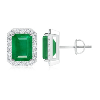 8x6mm AA Emerald-Cut Emerald Stud Earrings with Diamond Halo in P950 Platinum