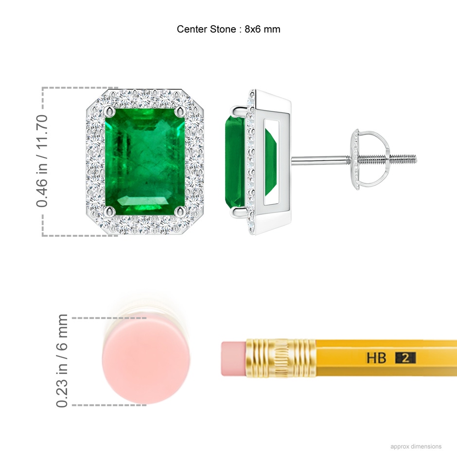 8x6mm AAA Emerald-Cut Emerald Stud Earrings with Diamond Halo in P950 Platinum ruler