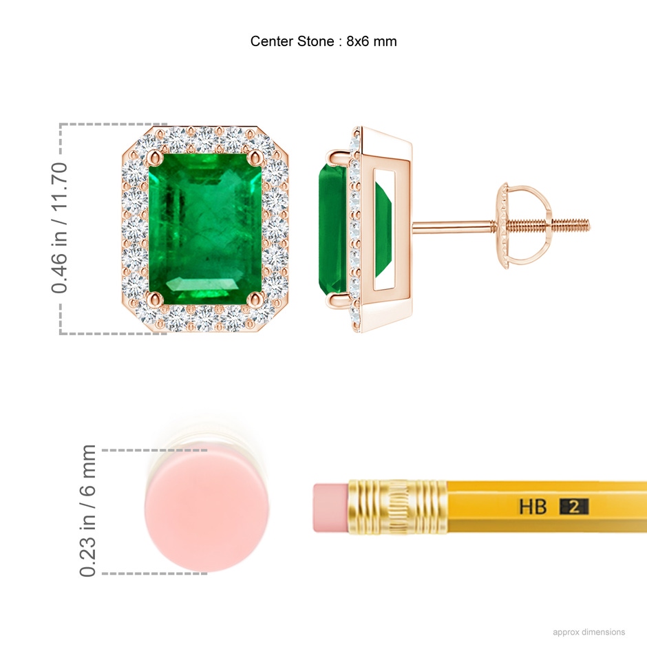 8x6mm AAA Emerald-Cut Emerald Stud Earrings with Diamond Halo in Rose Gold ruler