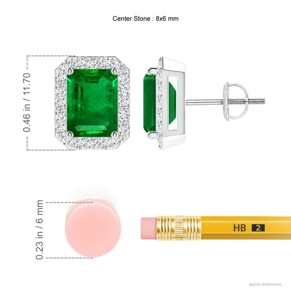 8x6mm AAAA Emerald-Cut Emerald Stud Earrings with Diamond Halo in P950 Platinum ruler