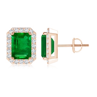 8x6mm AAAA Emerald-Cut Emerald Stud Earrings with Diamond Halo in Rose Gold