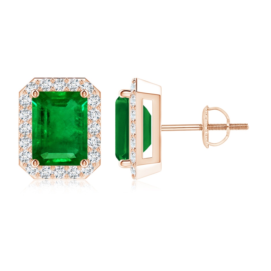 8x6mm AAAA Emerald-Cut Emerald Stud Earrings with Diamond Halo in Rose Gold 