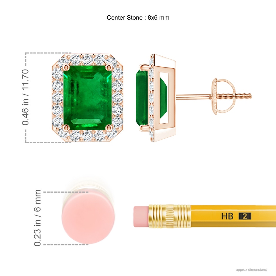 8x6mm AAAA Emerald-Cut Emerald Stud Earrings with Diamond Halo in Rose Gold ruler