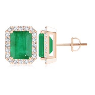 9x7mm A Emerald-Cut Emerald Stud Earrings with Diamond Halo in Rose Gold