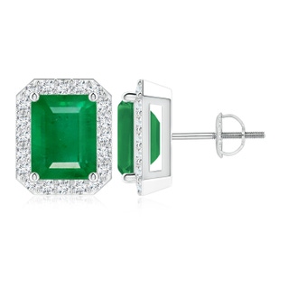 9x7mm AA Emerald-Cut Emerald Stud Earrings with Diamond Halo in P950 Platinum