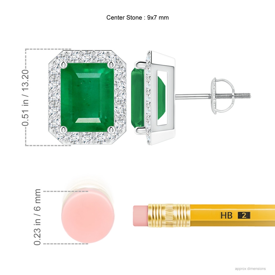 9x7mm AA Emerald-Cut Emerald Stud Earrings with Diamond Halo in P950 Platinum ruler
