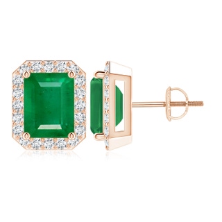 9x7mm AA Emerald-Cut Emerald Stud Earrings with Diamond Halo in Rose Gold