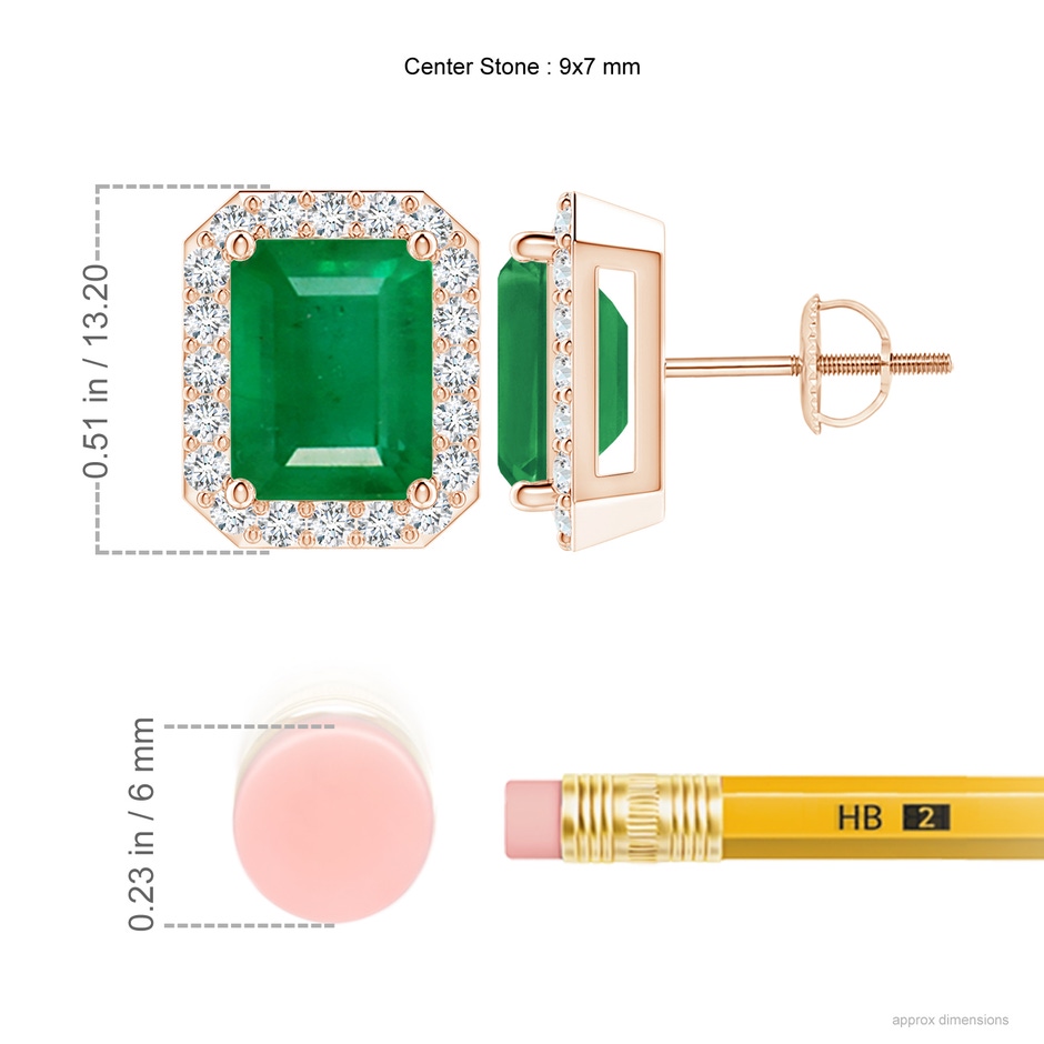 9x7mm AA Emerald-Cut Emerald Stud Earrings with Diamond Halo in Rose Gold ruler