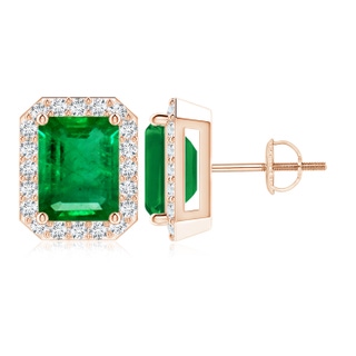 9x7mm AAA Emerald-Cut Emerald Stud Earrings with Diamond Halo in 10K Rose Gold