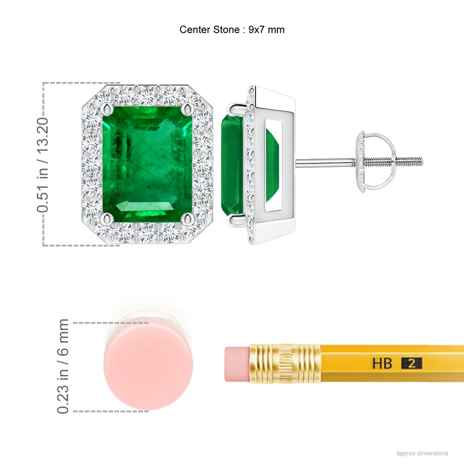 9x7mm AAA Emerald-Cut Emerald Stud Earrings with Diamond Halo in P950 Platinum ruler
