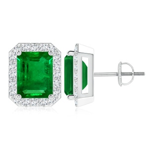 9x7mm AAAA Emerald-Cut Emerald Stud Earrings with Diamond Halo in P950 Platinum
