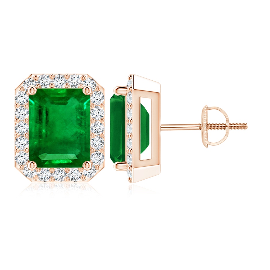 9x7mm AAAA Emerald-Cut Emerald Stud Earrings with Diamond Halo in Rose Gold 