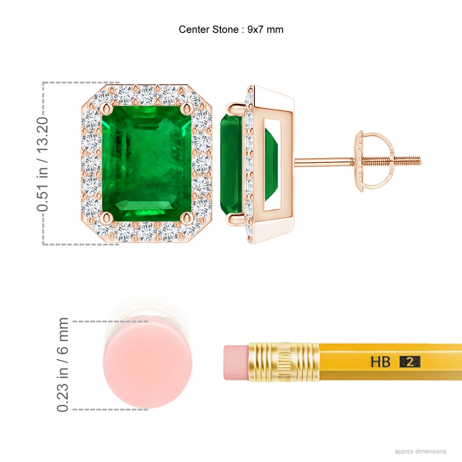 9x7mm AAAA Emerald-Cut Emerald Stud Earrings with Diamond Halo in Rose Gold ruler