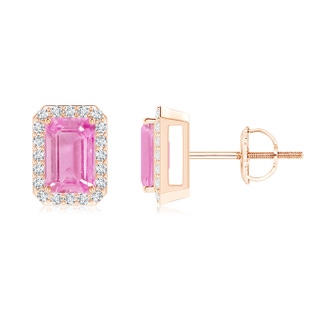 6x4mm A Emerald-Cut Pink Sapphire Stud Earrings with Diamond Halo in 9K Rose Gold